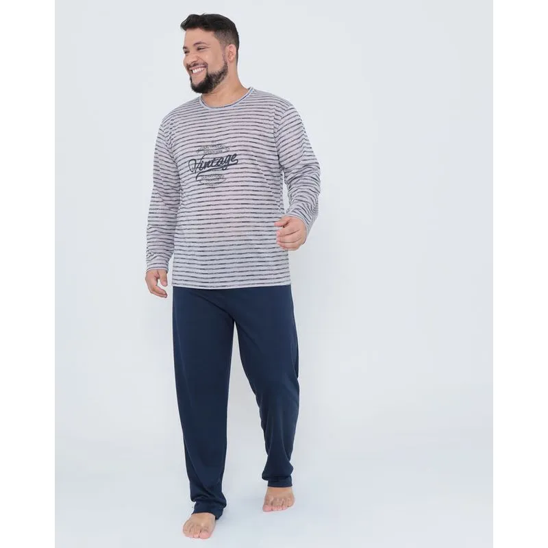 Pijama Masculino Plus Size Longo Listrado Azul Marinho G3