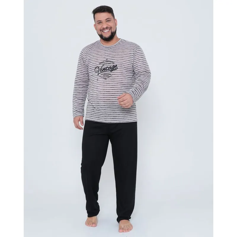 Pijama Masculino Plus Size Longo Listrado Preto G2