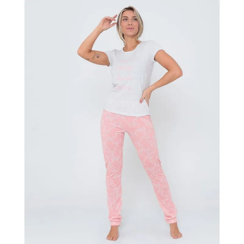 Pijama Feminino Longo Estampa Floral Cinza P