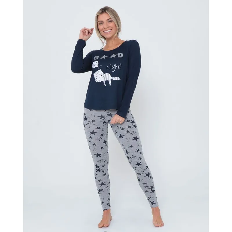 Pijama Feminino Longo Estampa Gato Azul Marinho GG