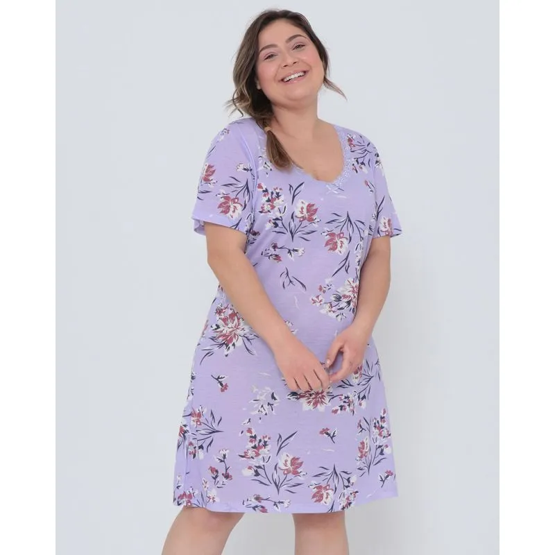 Camisola Manga Curta Plus Size Floral Lilás G3