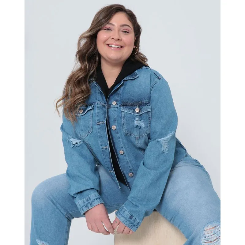 Jaqueta Jeans Plus Size Feminina Destroyed Azul G2