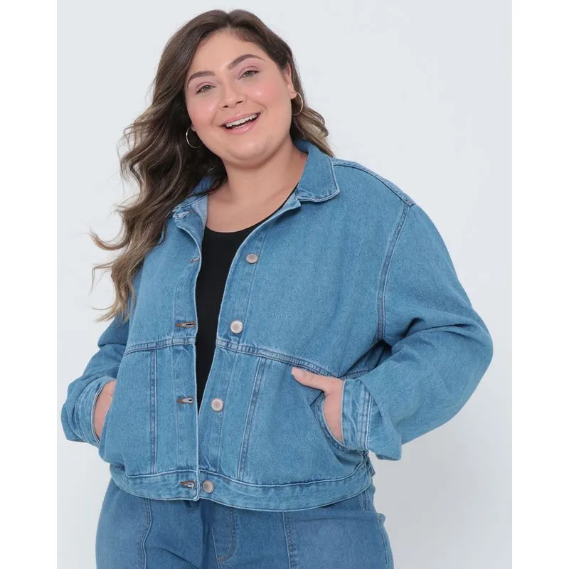 Jaqueta Jeans Plus Size Feminina Bomber Azul G2
