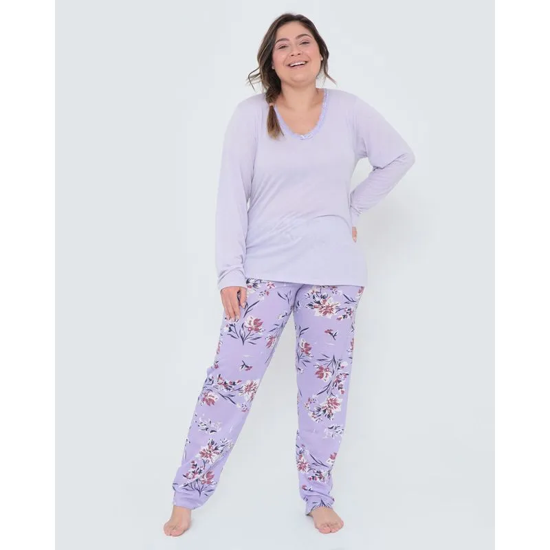 Pijama Feminino Longo Plus Size Lilás G3