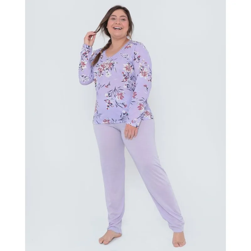 Pijama Feminino Longo Plus Size Floral Lilás G3