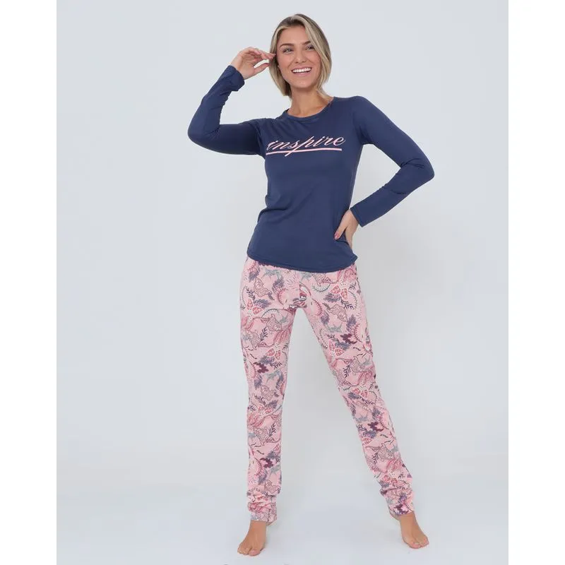 Pijama Feminino Longo Estampa Frontal Azul Marinho P