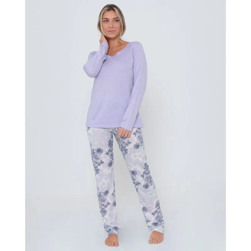 Pijama Feminino Longo Floral Lilás G