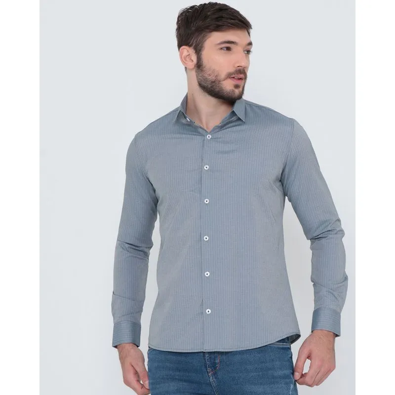 Camisa Masculina Manga Longa Estampa Quadriculada Cinza GG