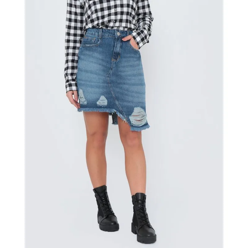 Saia Jeans Assimétrica Puídos Azul Claro 38