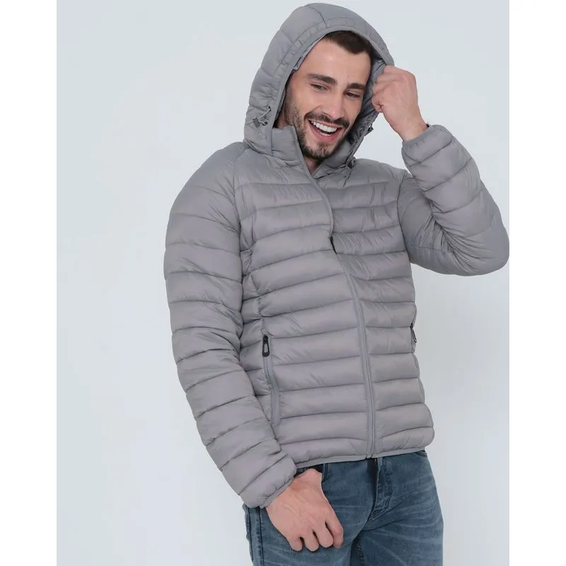 Jaqueta Masculina Capuz Puffer Cinza Claro M