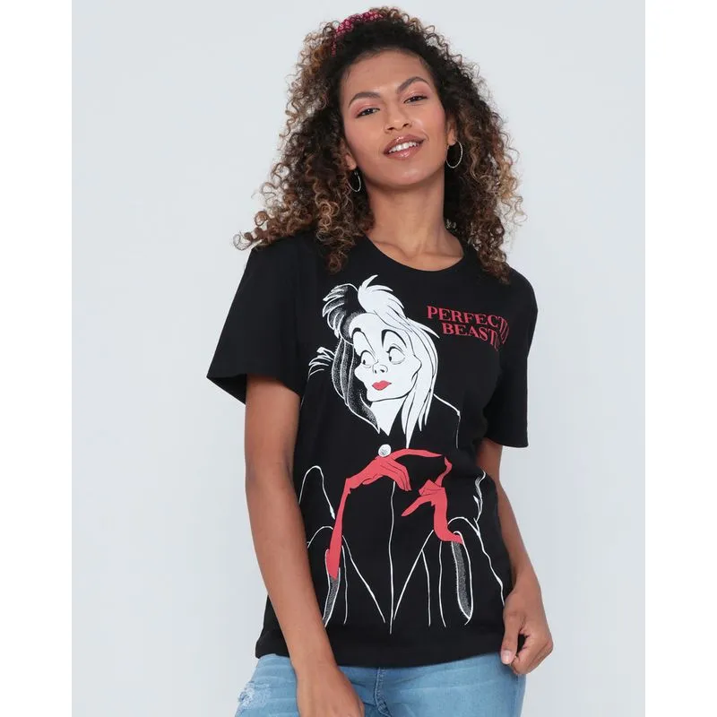 Camiseta Feminina Algodão Disney Cruella de Vil Manga Curta Preta G