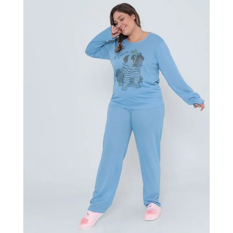 Pijama Longo Plus Size Estampa Cachorra Pug Azul G2