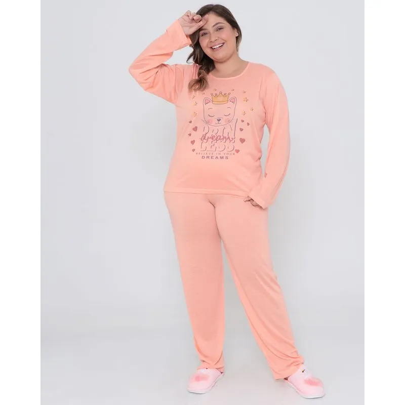 Pijama Longo Plus Size Estampa Cachorra Pug Laranja G2