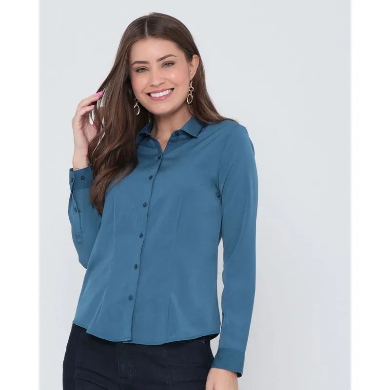 Camisa Feminina Crepe Manga Longa Azul M