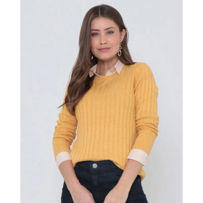 Suéter Feminino Canelado Tricô Mostarda P