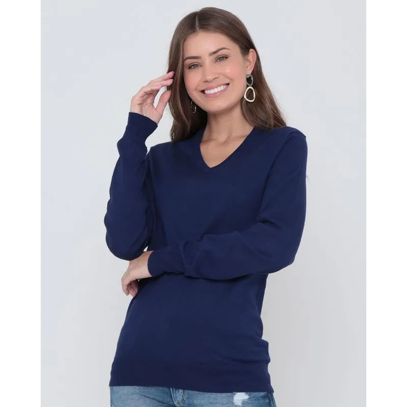 Suéter Feminino Básico Tricô Decote V Azul M