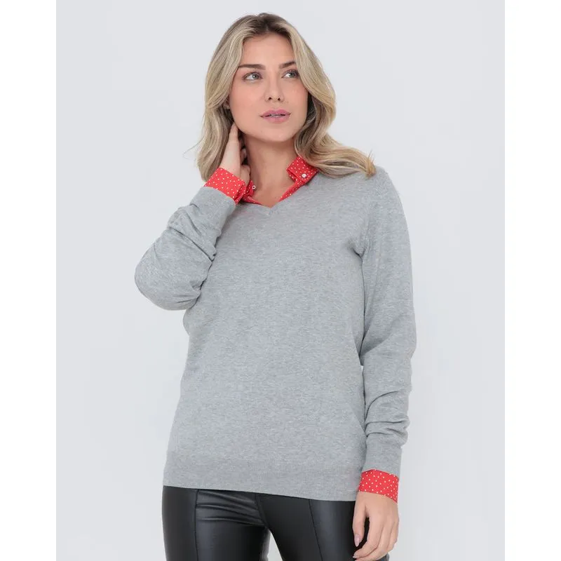 Suéter Feminino Básico Tricô Decote V Cinza G