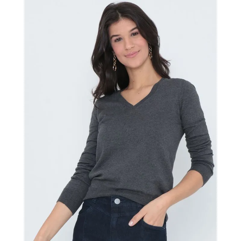 Suéter Feminino Básico Tricô Decote V Mescla Cinza P