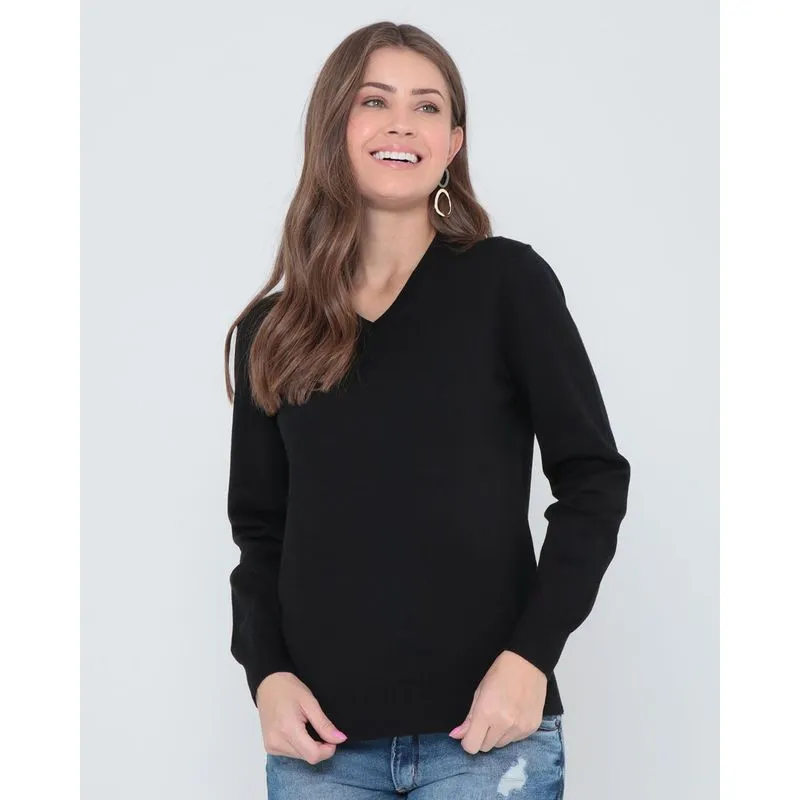 Suéter Feminino Básico Tricô Decote V Preto M