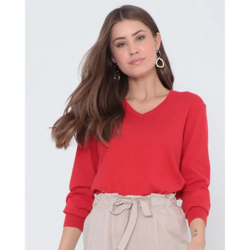 Suéter Feminino Básico Tricô Decote V Vermelho M