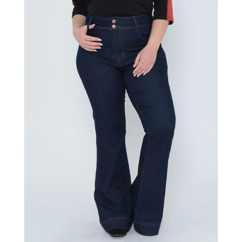 Calça Jeans Feminina Plus Size Flare Azul Escuro 48