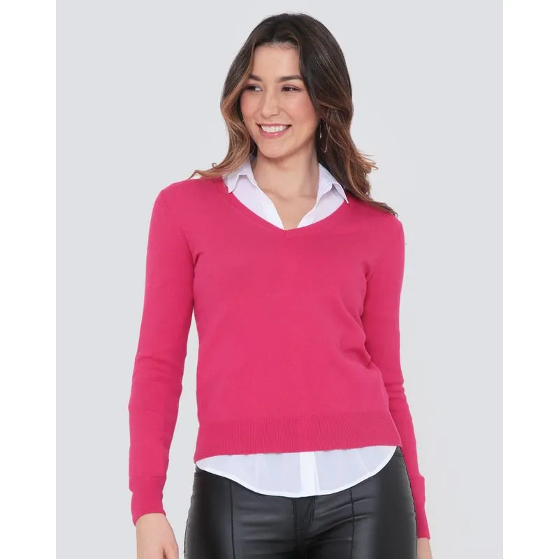 Suéter Feminino Básico Tricô Decote V Rosa P