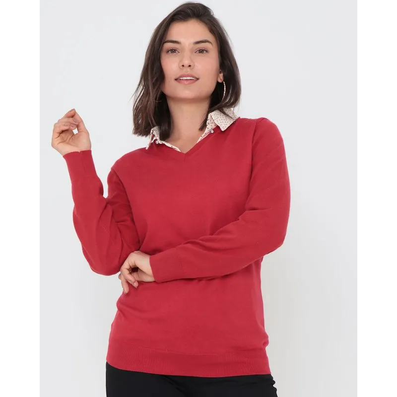 Suéter Feminino Básico Tricô Decote V Vermelha Escuro GG