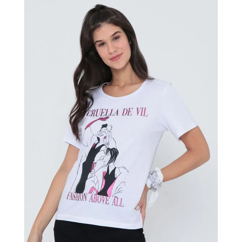 Camiseta Feminina Algodão Disney Cruella De Vil Manga Curta Branca GG
