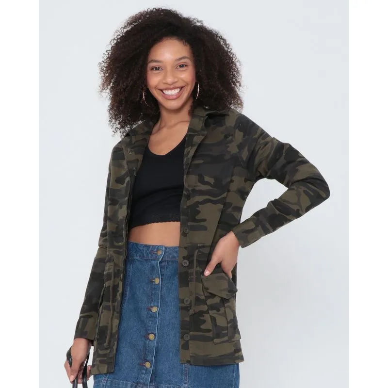 Jaqueta Parka Sarja Feminina Camuflada Verde Escuro P