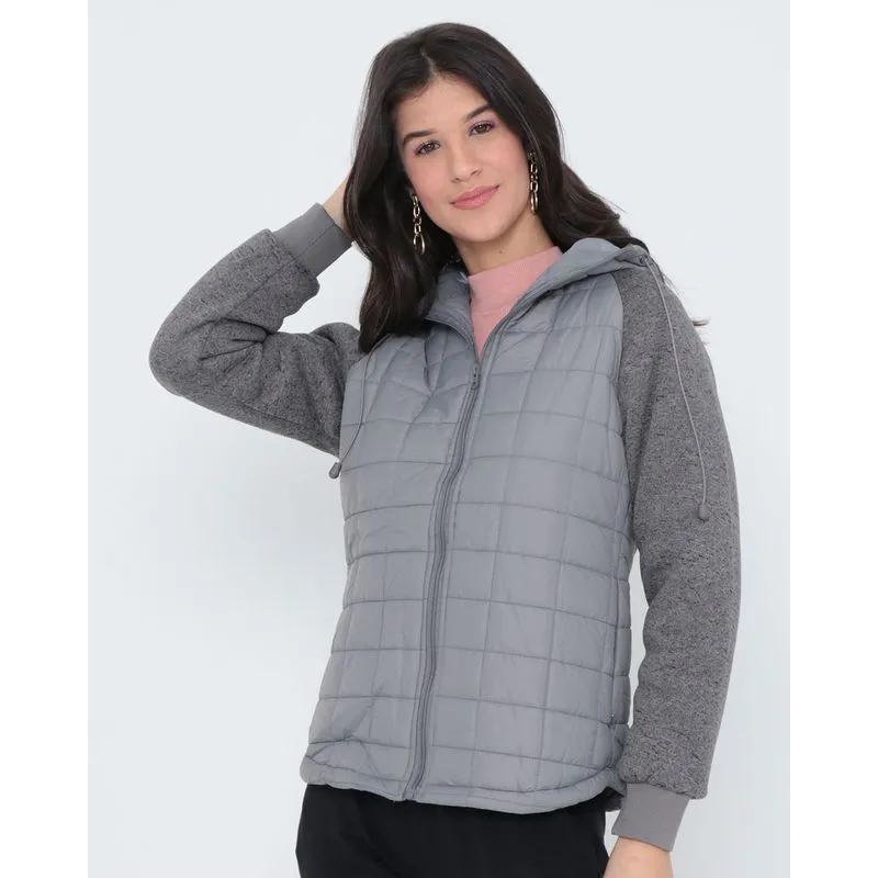 Jaqueta Feminina Puffer Com Moletom Mescla Cinza G