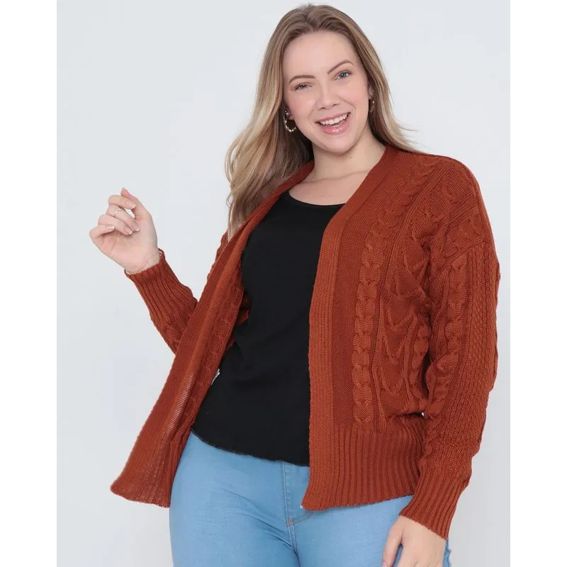 Cardigan Feminino Plus Size Tricô Terracota G1