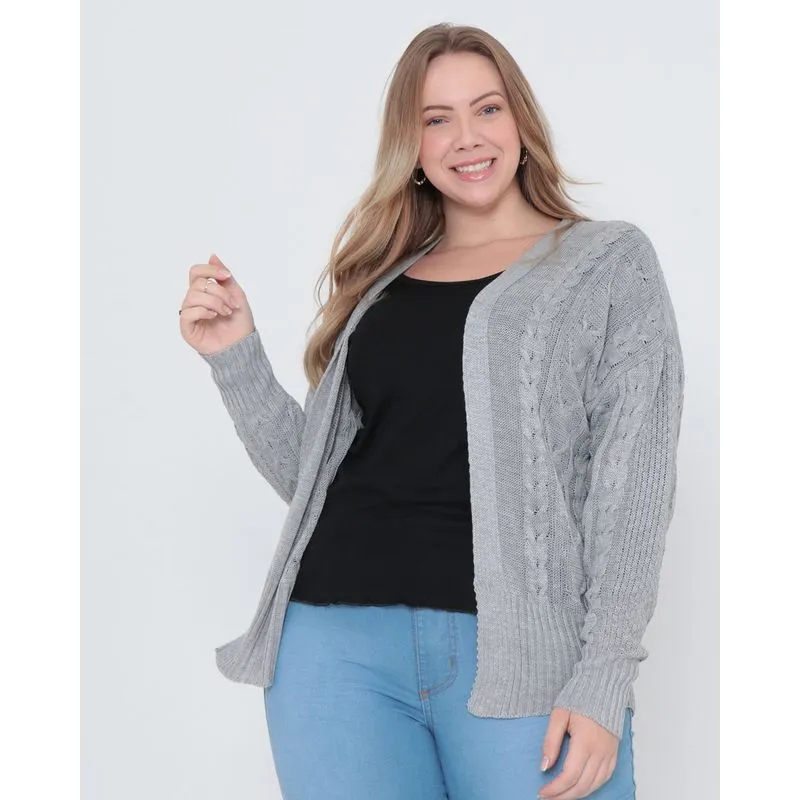 Cardigan Feminino Plus Size Tricô Cinza Claro G3
