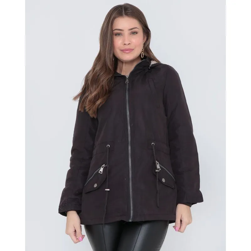 Jaqueta Parka Capuz Pelúcia Preta P