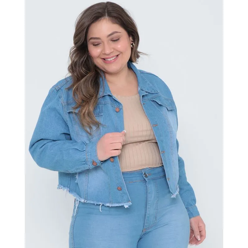 Jaqueta Jeans Plus Size Destroyed Azul Claro G1