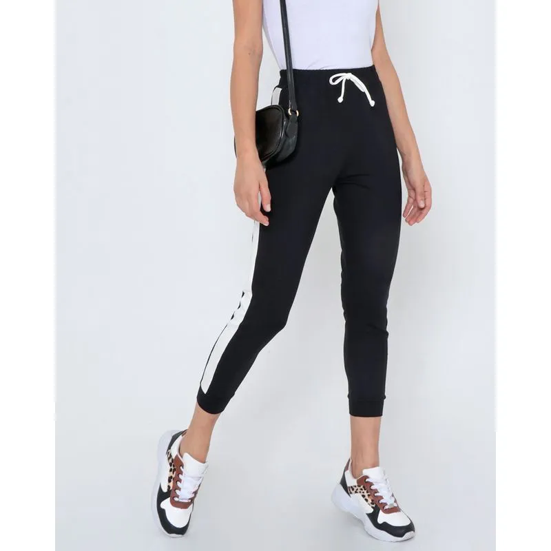 Calça Moletinho Feminina Faixa Lateral Jogger Preta M