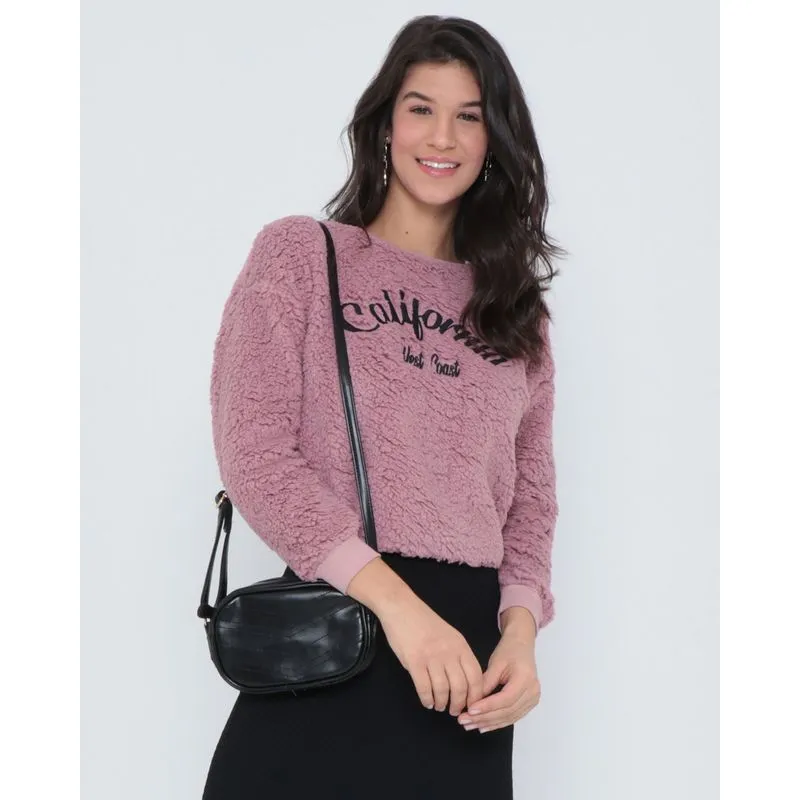 Blusa Pelúcia Bordada Manga Longa Rosa P