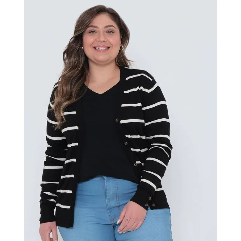 Cardigan Feminino Plus Size Listrado Preto G2