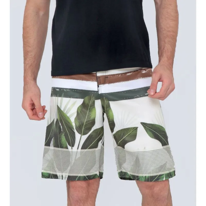 Bermuda Masculina Surf Listras Folhas Bege 46