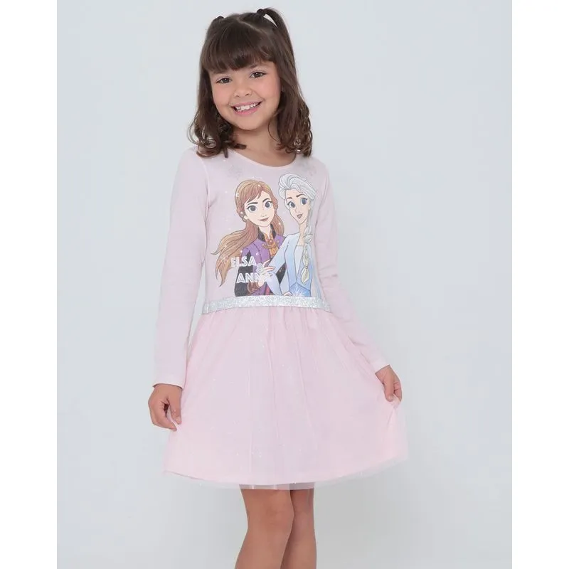 Vestido Infantil Estampa Frozen Tule Disney Rosa 8