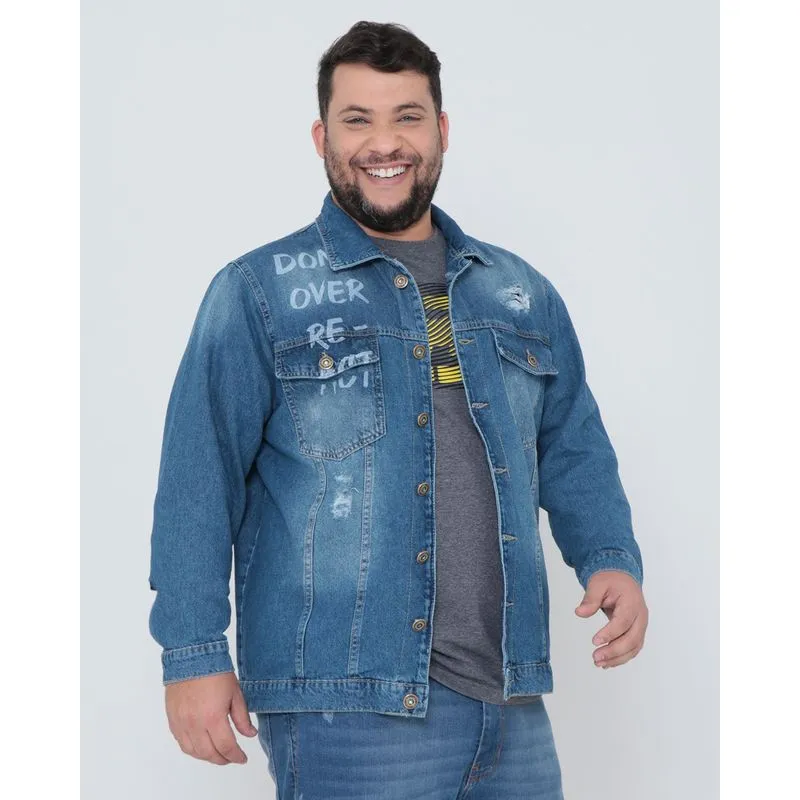 Jaqueta Jeans Masculina Plus Size Puídos Azul G4