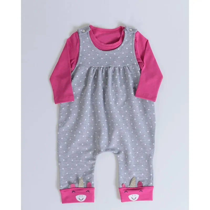 Conjunto Bebê Jardineira e Blusa Unicórnio Cinza P