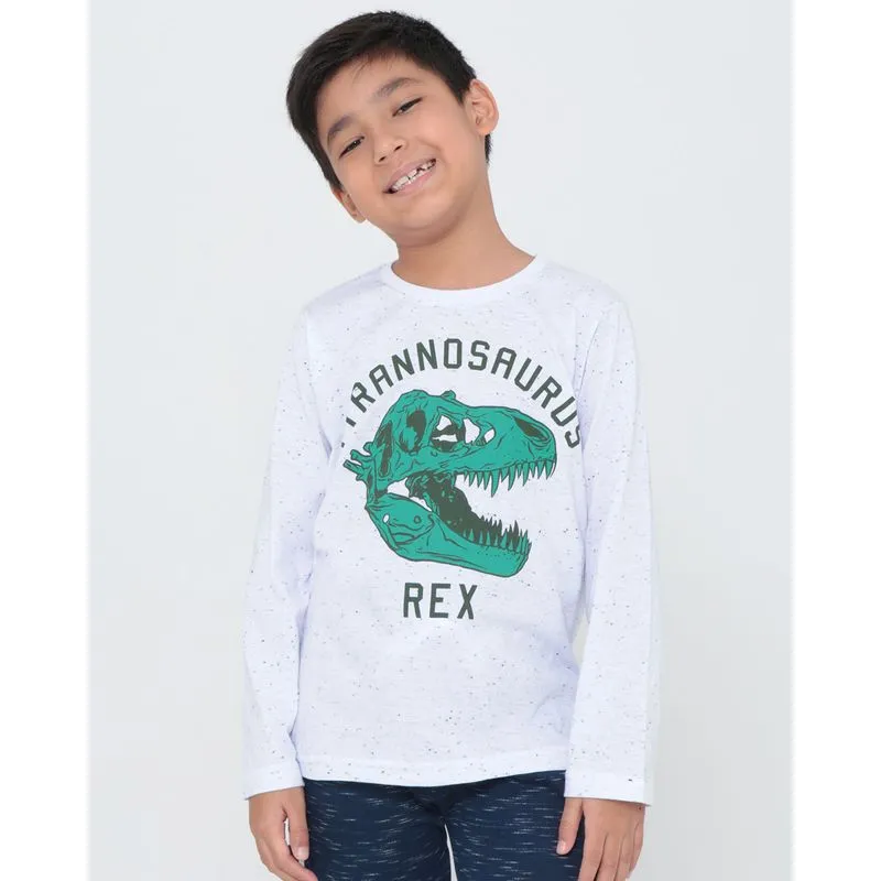 Camiseta Infantil Manga Longa T-Rex Flamê Branca 10