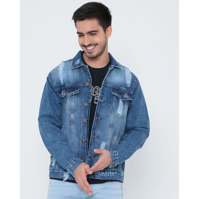 Jaqueta Jeans Masculina Puídos Azul GG