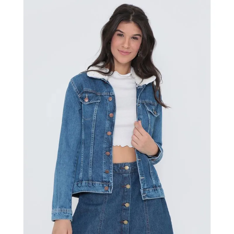 Jaqueta Jeans Feminina Gola Pelúcia Denim Azul GG
