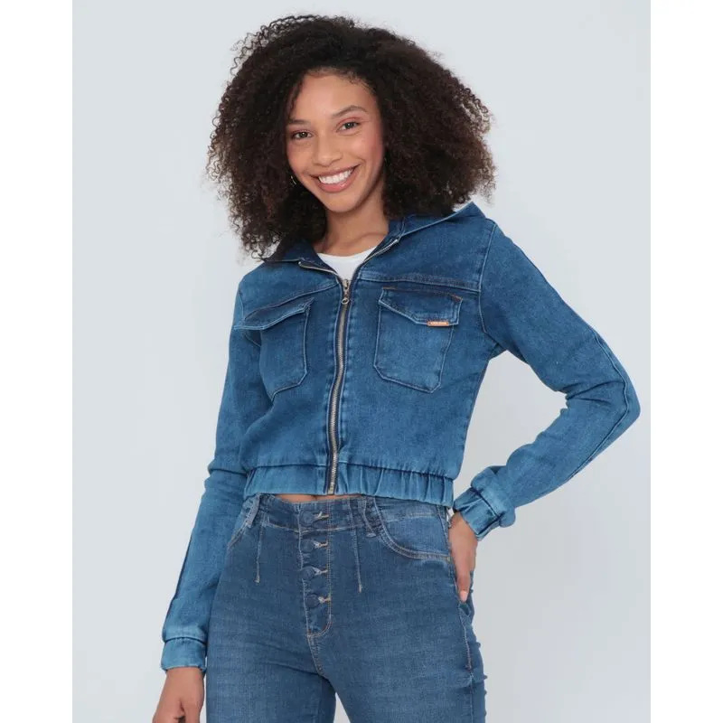 Jaqueta Jeans Cropped Feminina Bomber Azul M