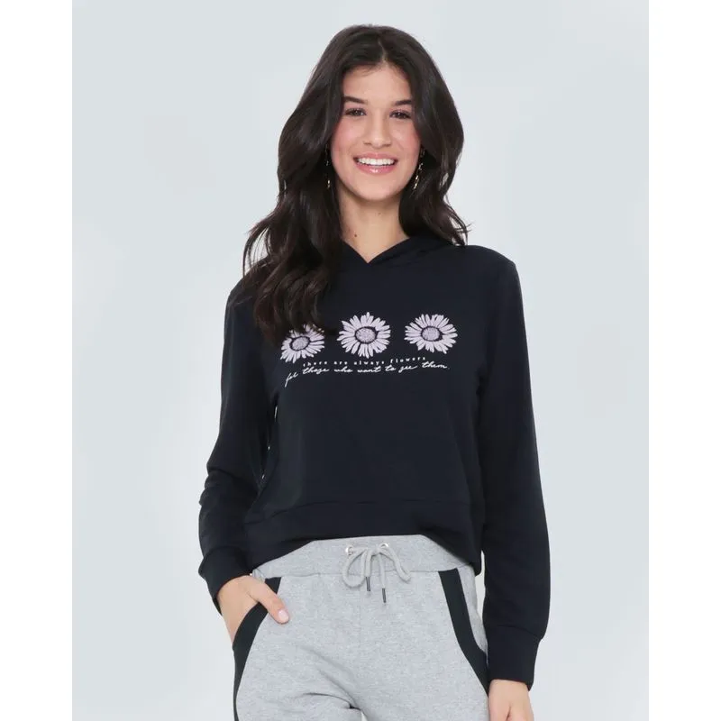 Blusa Cropped Moletinho Estampa Girassóis Preto GG