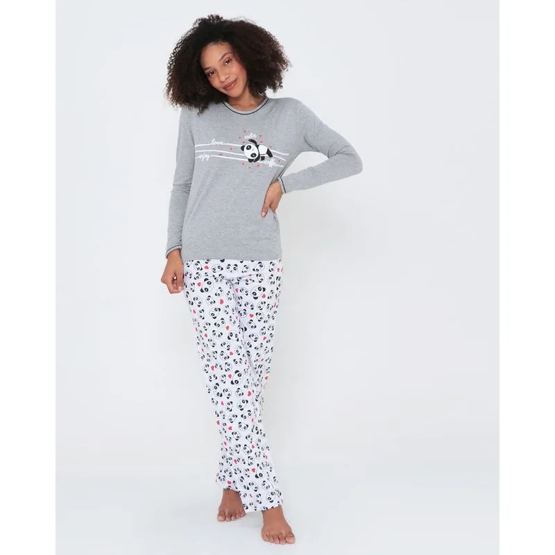 Pijama Feminino Longo Estampa Panda Cinza P