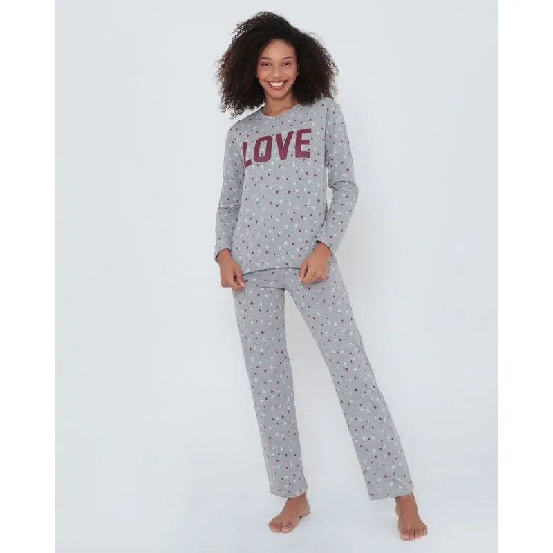 Pijama Feminino Longo Estampa Coração Cinza M