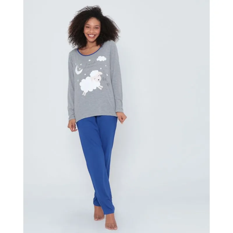 Pijama Feminino Longo Estampa Ovelha Cinza P