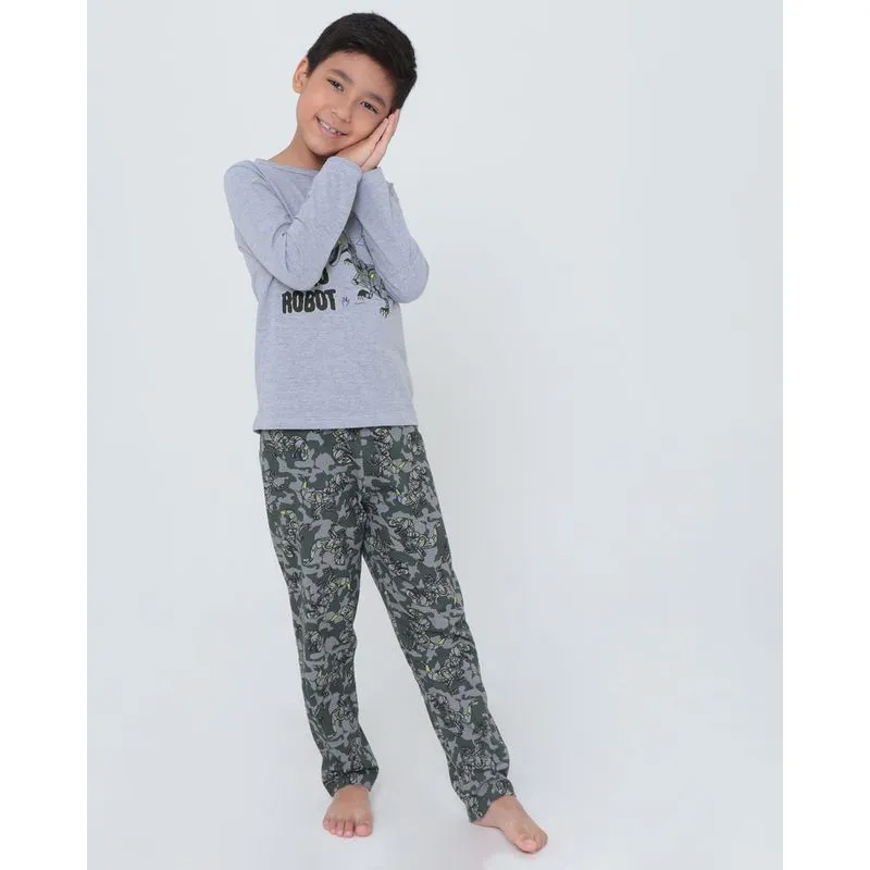 Pijama Longo Infantil Estampa Dino Robo Cinza Claro 10